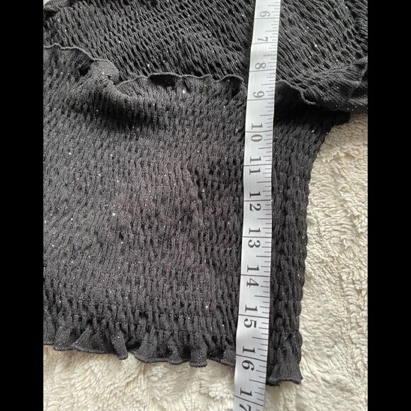 VERONA couture black sparkle smock faux wrap off shoulder crop top with sleeves - Picture 13 of 13
